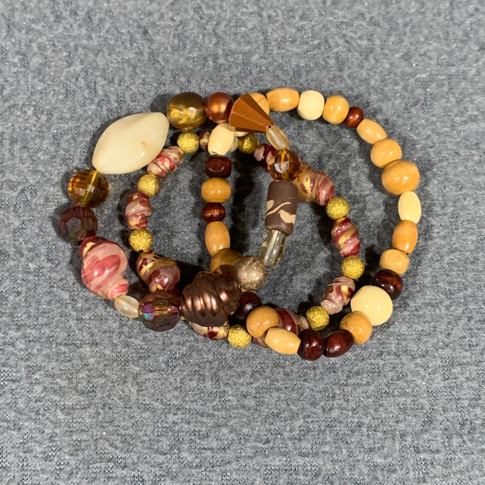 New Boho Beaded Stretch 3pc Bracelet Set Earthy Brown Gold Wood Glass‎ Mix Media